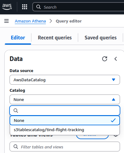Screenshot with Amazon Athena listing catalogs in your catalogs