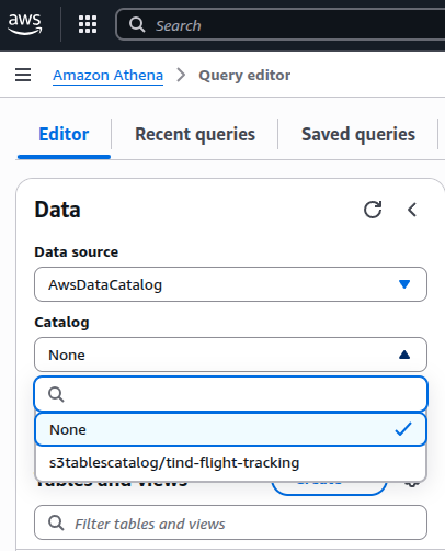 Screenshot from Amazon Athena Console, showing the default source: the  AwsDataCatalog (Glue)