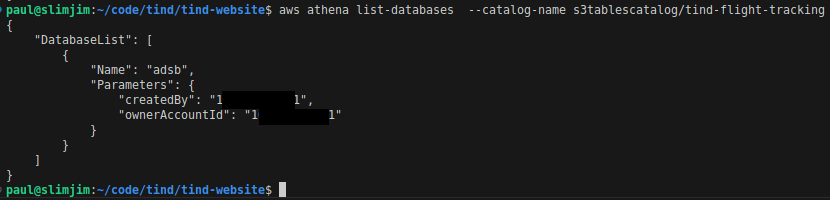 Screenshot with AWS CLI, listing Athena Databases with unlisted catalog; the namespaces of the underlying S3Tables Table Bucket are listed