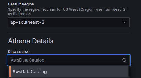 Screenshot from Grafana Athena Data Source setup - only glue catalog (AwsDataCatalog) is listed