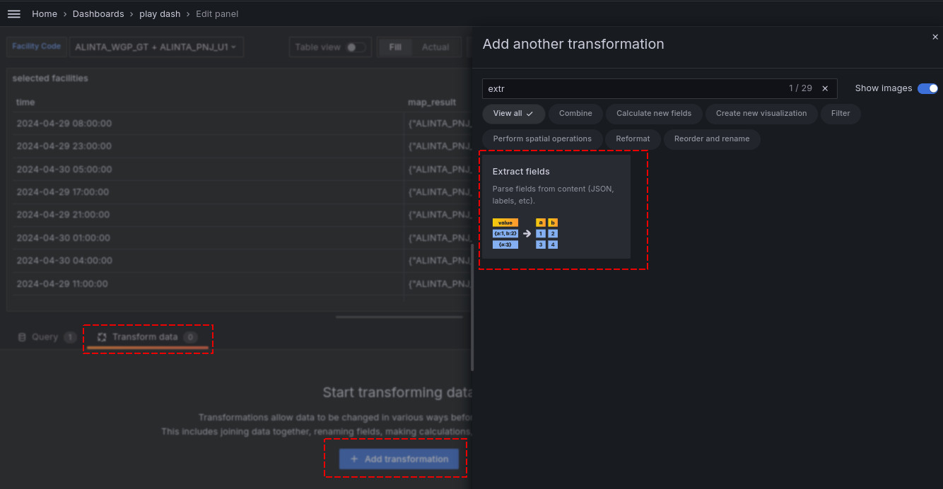 Panel Transform, with highlights in red: Location of the Transform tab; Button to Add transformation; 'Extract Fields' transformation