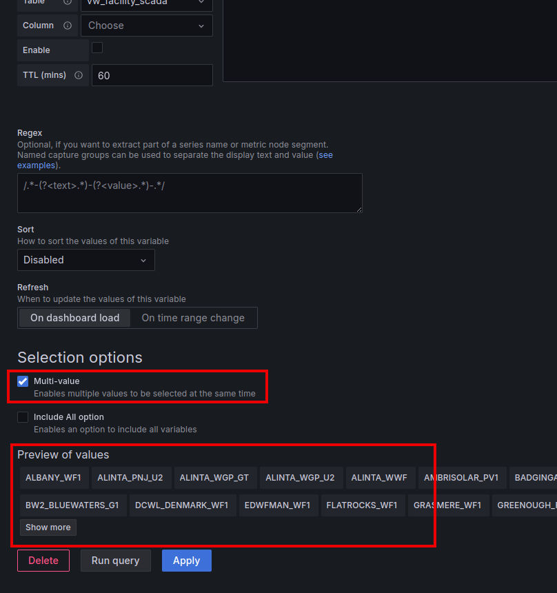 Grafana Variables, highlighted in red: Multi Value Selection option; some previewed values