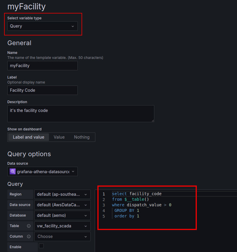 Grafana Variables, highlighted in red: The Query Type variable mechanism; the SQL query used to obtain the values