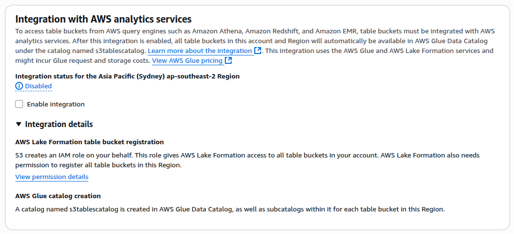 Screenshot showcasing the request to integrate AWS S3Tables Table Buckets with AWS Analytics Services