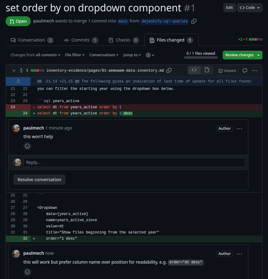 Screenshot of a pull request comparing two versions of an Evidence markdown page, with changes to a SQL query and a visualisation component